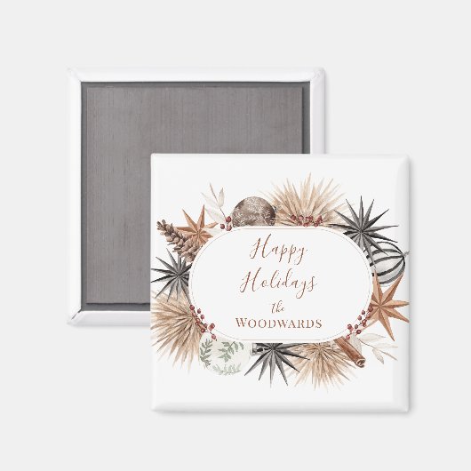 Rustieke Aardse Vakantie Botanicals Happy Holiday Magneet (Voorkant / Achterkant)