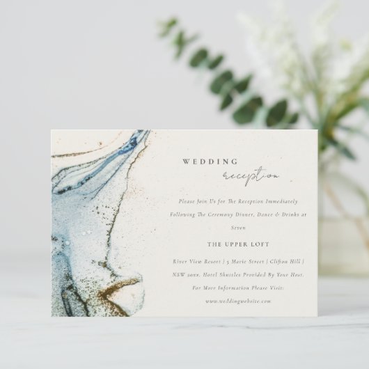 Rustieke Abstract Blauw Gouden Beachy Bruiloftsrec Informatiekaartje (Staand voorkant)