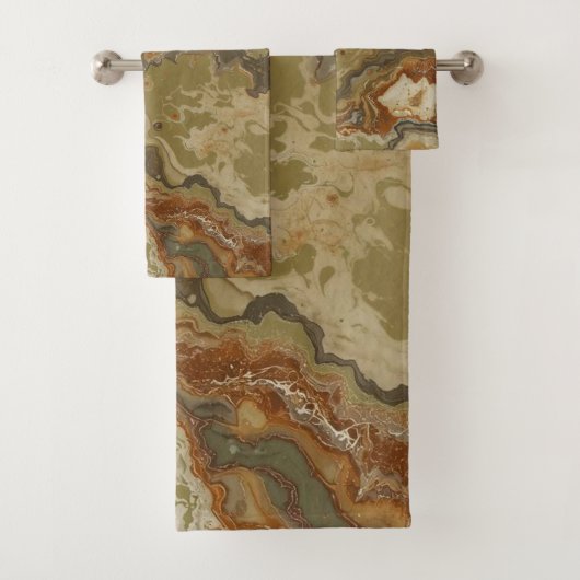 Rustieke Abstracte Olijfgroen Amber Mosterd Print Bad Handdoek (Insitu)