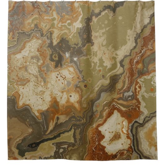 Rustieke Abstracte Olijfgroene Amber Mosterd Print Douchegordijn (Voorkant)