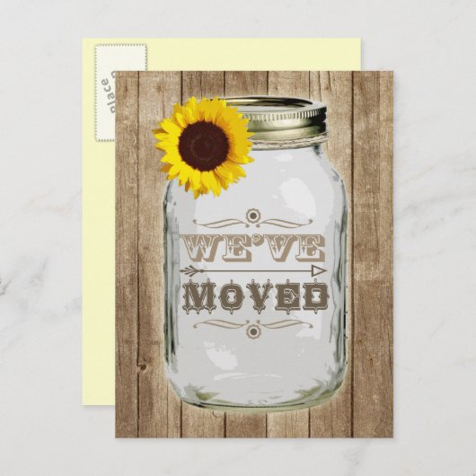 Rustieke adreswijziging Mason Jar Sunflower Aankondigingskaart (Voorkant / Achterkant)