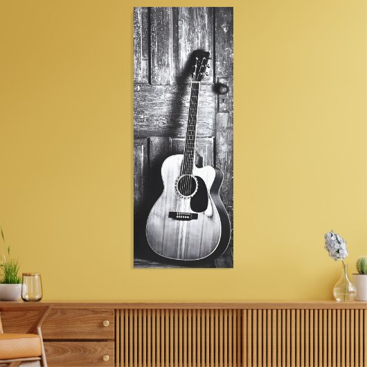 Rustieke akoestische gitaar in zwart-wit canvas afdruk (Insitu (Woonkamer))
