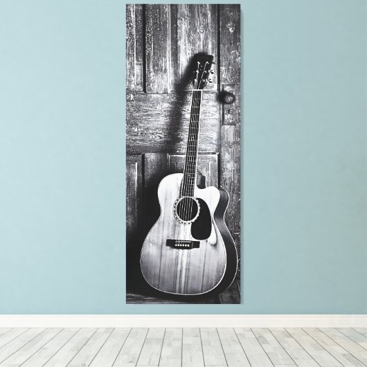 Rustieke akoestische gitaar in zwart-wit canvas afdruk (Insitu (Houten vloer))