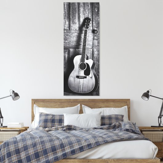 Rustieke akoestische gitaar in zwart-wit canvas afdruk (Insitu (Slaapkamer))