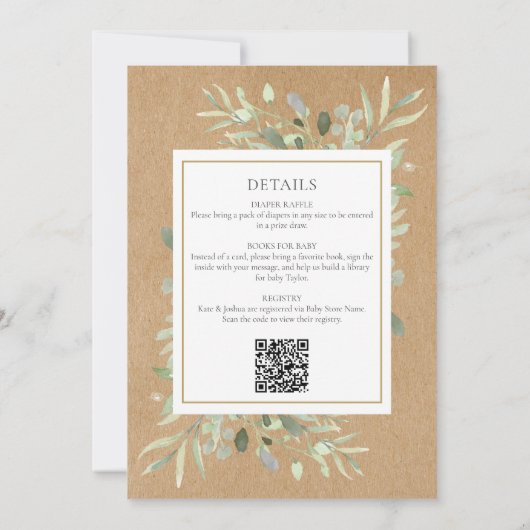 Rustieke All In One Baby Shower Spettergroen Kaart (Achterkant)