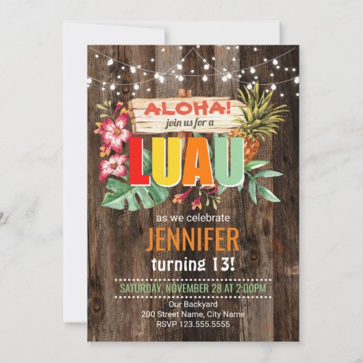 Rustieke Aloha Luau verjaardagsfeestje Uitnodiging (Voorkant)