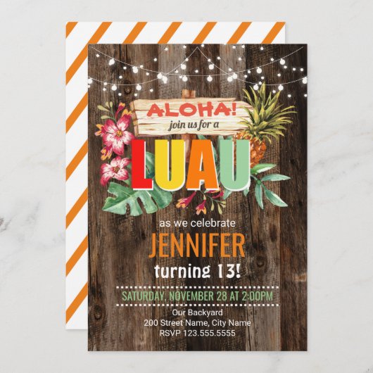Rustieke Aloha Luau verjaardagsfeestje Uitnodiging (Voorkant / Achterkant)
