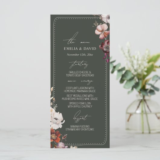 Rustieke Anemone Hand getrokken Border Green Weddi Menu (Staand voorkant)