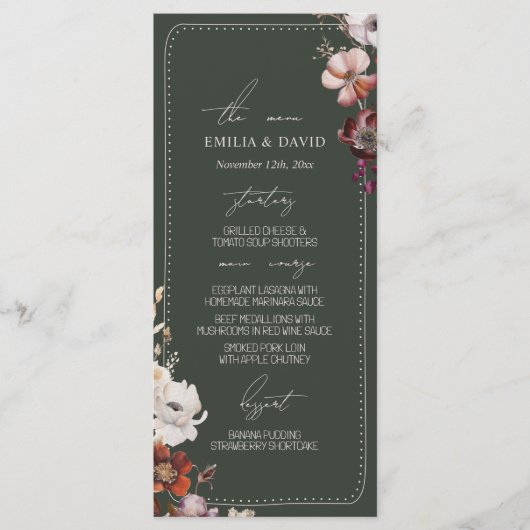 Rustieke Anemone Hand getrokken Border Green Weddi Menu (Voorkant)