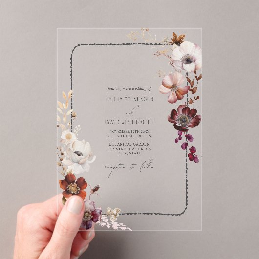 Rustieke Anemoon Bloemen Gescalpeerde Hand Getrokk Acryl Uitnodigingen (Insitu (Draagbaar))