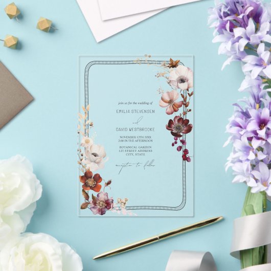 Rustieke Anemoon Bloemen Hand getrokken grens Acryl Uitnodigingen (Insitu (Huwelijk))