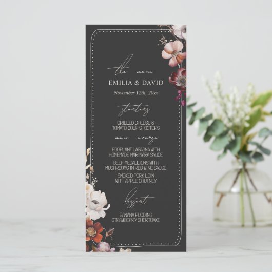 Rustieke Anemoon Hand getrokken Rand Grijs Trouwme Menu (Staand voorkant)