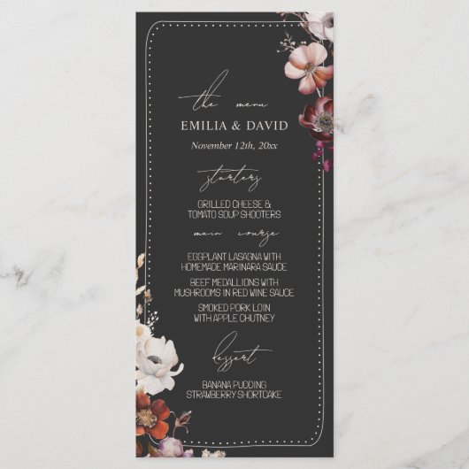 Rustieke Anemoon Hand getrokken Rand Grijs Trouwme Menu (Voorkant)