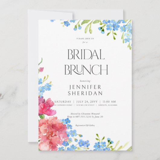 Rustieke anjers & vergeet me nots bruids brunch kaart (Voorkant)