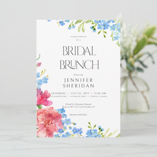 Rustieke anjers & vergeet me nots bruids brunch kaart (Staand voorkant)