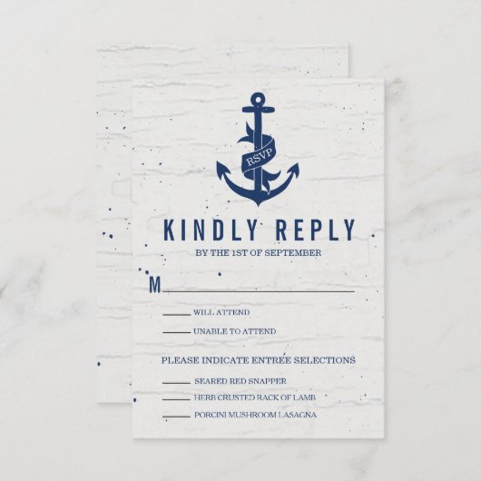 Rustieke Anker Bruiloft RSVP Kaart / Marine (Voorkant / Achterkant)