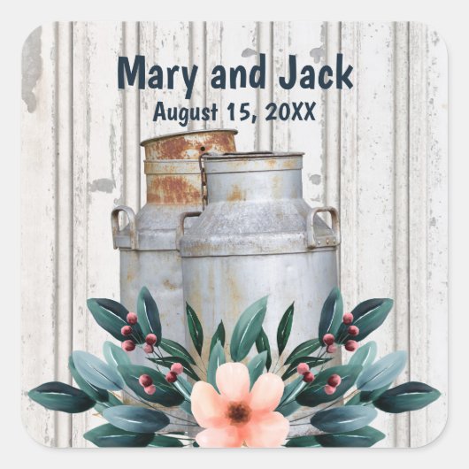 Rustieke Antieke Bloemstuk Melkbussen Antiek  Vierkante Sticker (Voorkant)