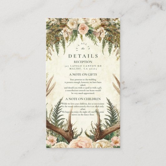 Rustieke Antler Woodland Floral Wedding Informatiekaartje (Voorkant)