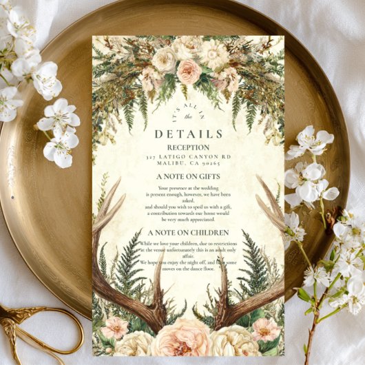 Rustieke Antler Woodland Floral Wedding Informatiekaartje