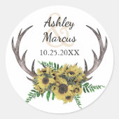 Rustieke Antlers Boho Zonnebloemen Bloemen Huwelij Ronde Sticker (Voorkant)