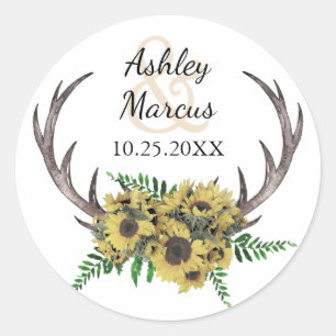 Rustieke Antlers Boho Zonnebloemen Bloemen Huwelij Ronde Sticker
