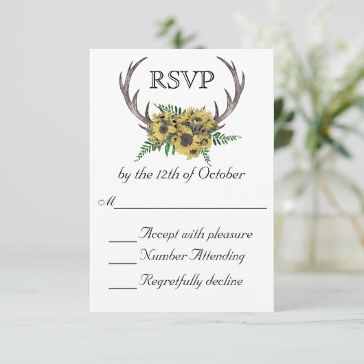 Rustieke Antlers Boho Zonnebloemen Huwelijk RSVP (Staand voorkant)