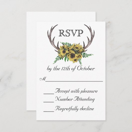 Rustieke Antlers Boho Zonnebloemen Huwelijk RSVP (Voorkant / Achterkant)