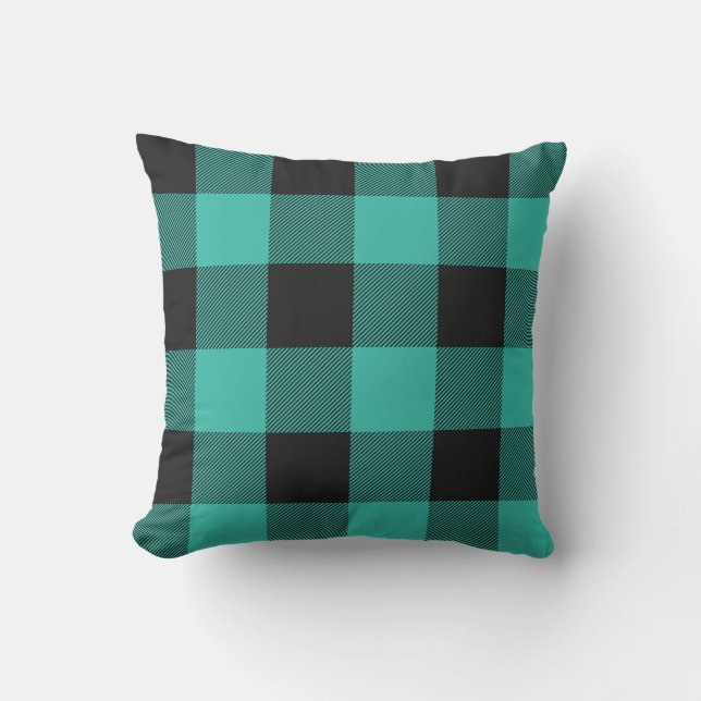 Rustieke Aqua en Black Buffalo Check Plaid Buitenkussen (Voorkant)