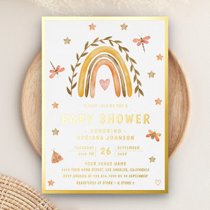 Rustieke Aquarel Aardse Regenboog Baby Shower Goud Folie Uitnodiging