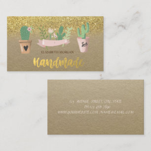 Rustieke Aquarel Cactus Bloem Gouden Glitters Visitekaartje