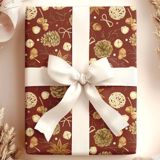 Rustieke Aquarel Denneappel Kerstmis Cadeaupapier