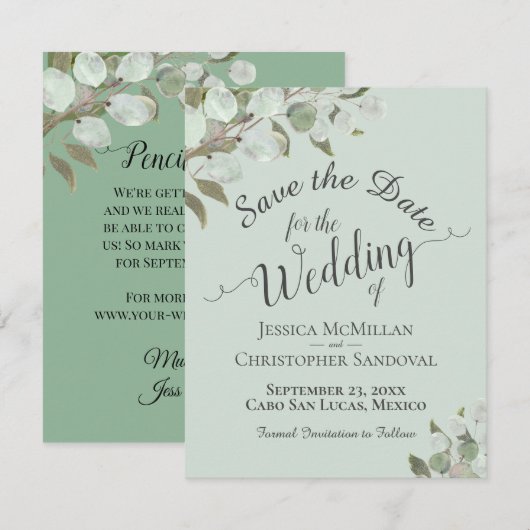 Rustieke Aquarel Eucalyptus Bladeren Munt Bruiloft Save The Date (Voorkant / Achterkant)