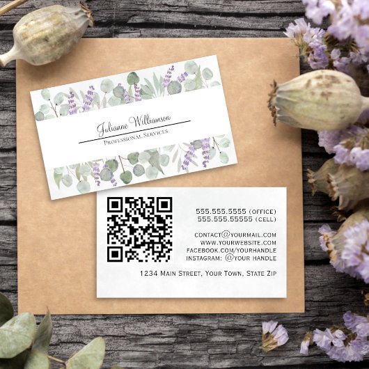 Rustieke Aquarel Eucalyptus en Lavendel QR Code Visitekaartje