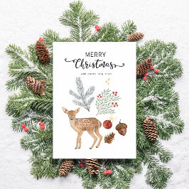 Rustieke Aquarel Herten & Botanische Kerstmis Feestdagen Kaart