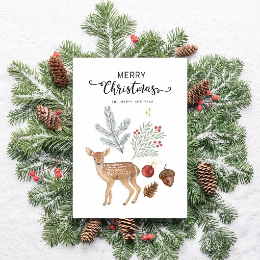Rustieke Aquarel Herten & Botanische Kerstmis Feestdagen Kaart