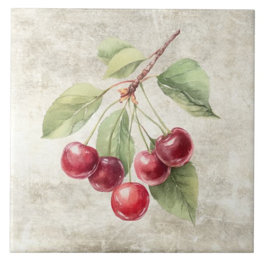 Rustieke Aquarel Kersen Tegeltje (Voorkant)