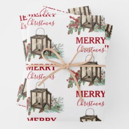 Rustieke Aquarel Kerstlantaarn Pijnboom Bessen Inpakpapier Vel