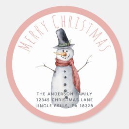 Rustieke Aquarel Prettig Kerstmis Sneeuwman Famili Ronde Sticker