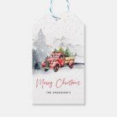 Rustieke Aquarel Rode Truck Winter Kerstmis Cadeaulabel (Voorkant)