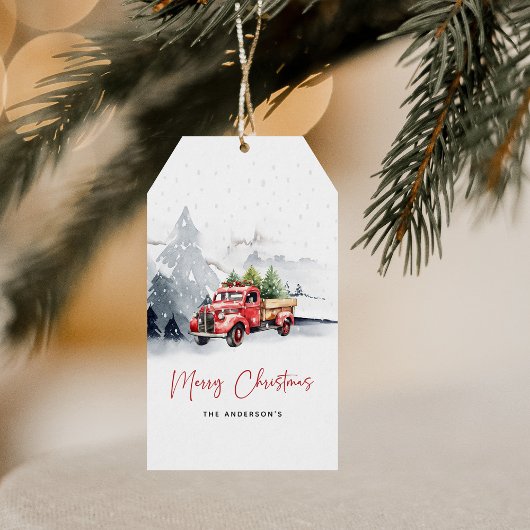 Rustieke Aquarel Rode Truck Winter Kerstmis Cadeaulabel