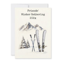 Rustieke Aquarel Ski Sneeuw Berg Familie Reünie