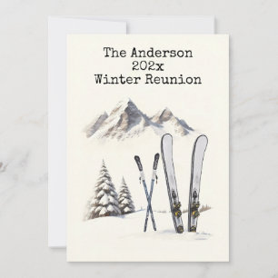 Rustieke Aquarel Ski Sneeuw Berg Gezinsreünie Kaart
