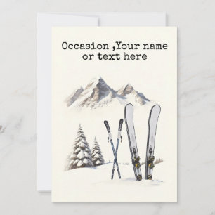 Rustieke Aquarel Ski Sneeuw Boom Berg Winter Feestdagenkaart