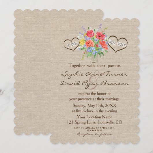 Rustieke aquarel Wilde bloemen Linnen bruiloft Kaart (Voorkant / Achterkant)