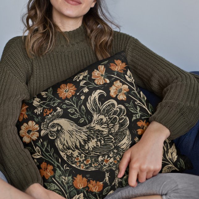 Rustieke Art Nouveau Boerderij Kip Bloemen Accent Kussen (Creator heeft geüpload)