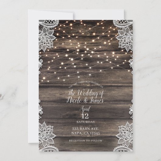 Rustieke Ash Bruin Hout Kant String Lights Wedding Kaart (Voorkant)