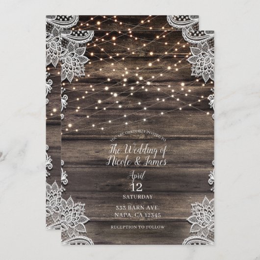 Rustieke Ash Bruin Hout Kant String Lights Wedding Kaart (Voorkant / Achterkant)