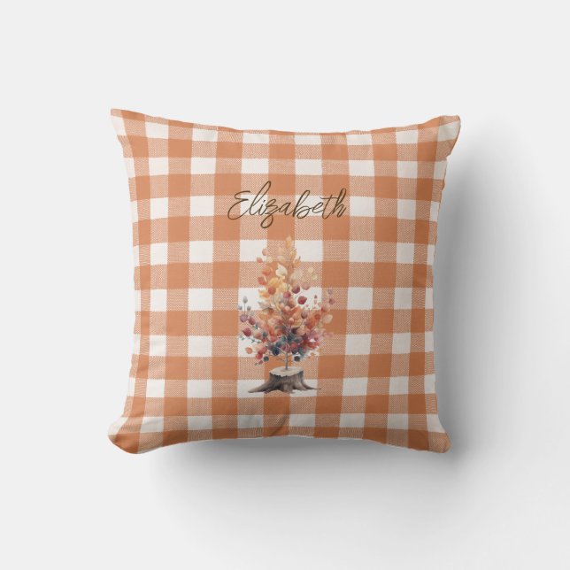 Rustieke Autumn Tree Gepersonaliseerde Gingham Kussen (Voorkant)