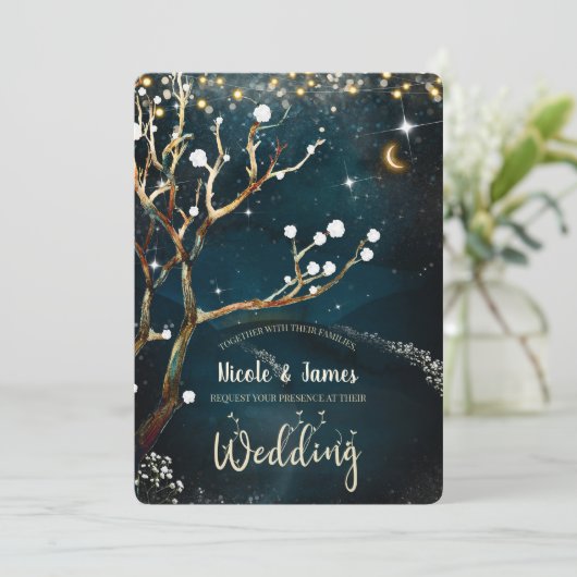 Rustieke Avondboom Verwijderbare Lichten Bruiloft Kaart (Staand voorkant)