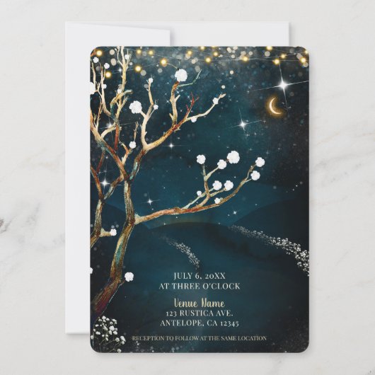 Rustieke Avondboom Verwijderbare Lichten Bruiloft Kaart (Achterkant)